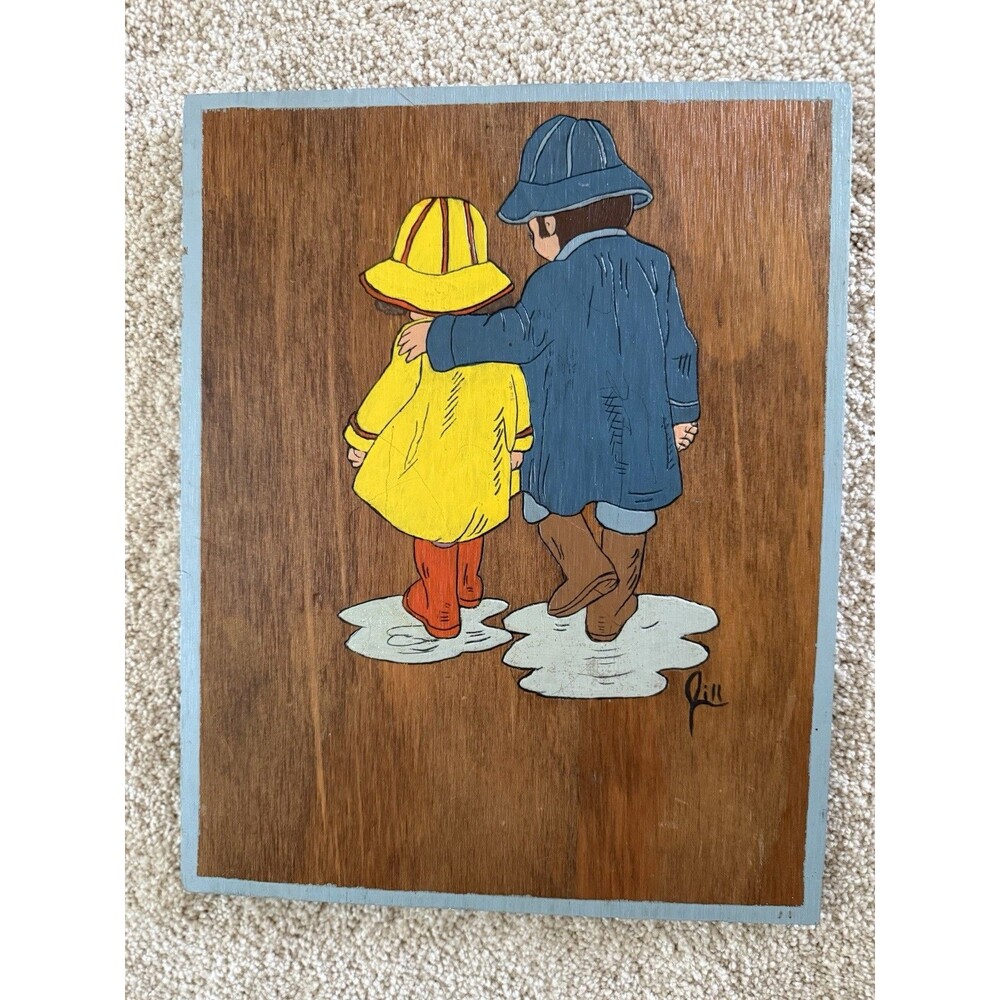 Vintage  American Folkart Painting Boy And Girl Hand Painted Board 10.5” X 13”